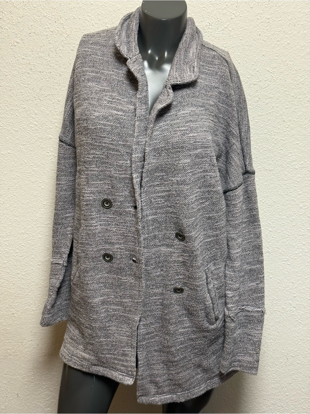 Free People Heather Gray Double-Breasted Knit Coatigan